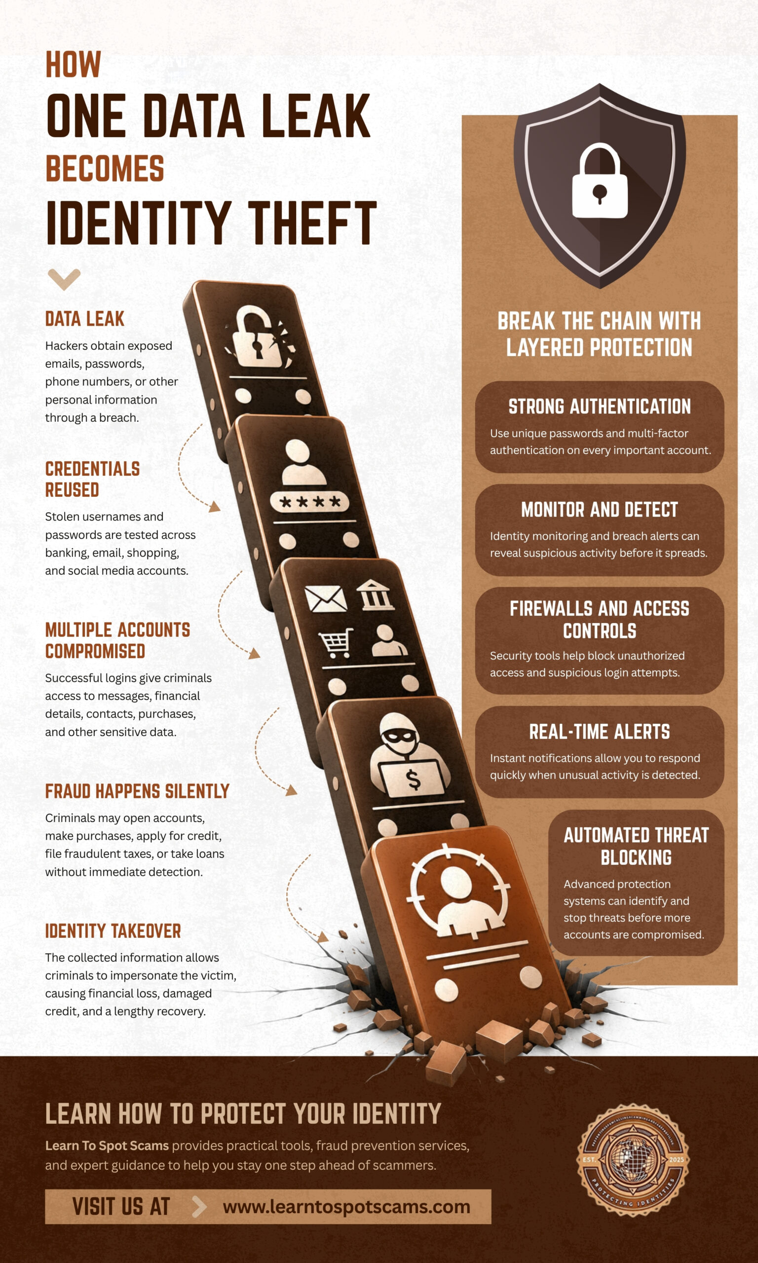 Infographic illustrating how one data leak can escalate into identity theft through a domino effect, highlighting exposed credentials, compromised accounts, silent fraud, and identity takeover, alongside layered cybersecurity measures including strong authentication, monitoring, firewalls, real-time alerts, and automated threat blocking.